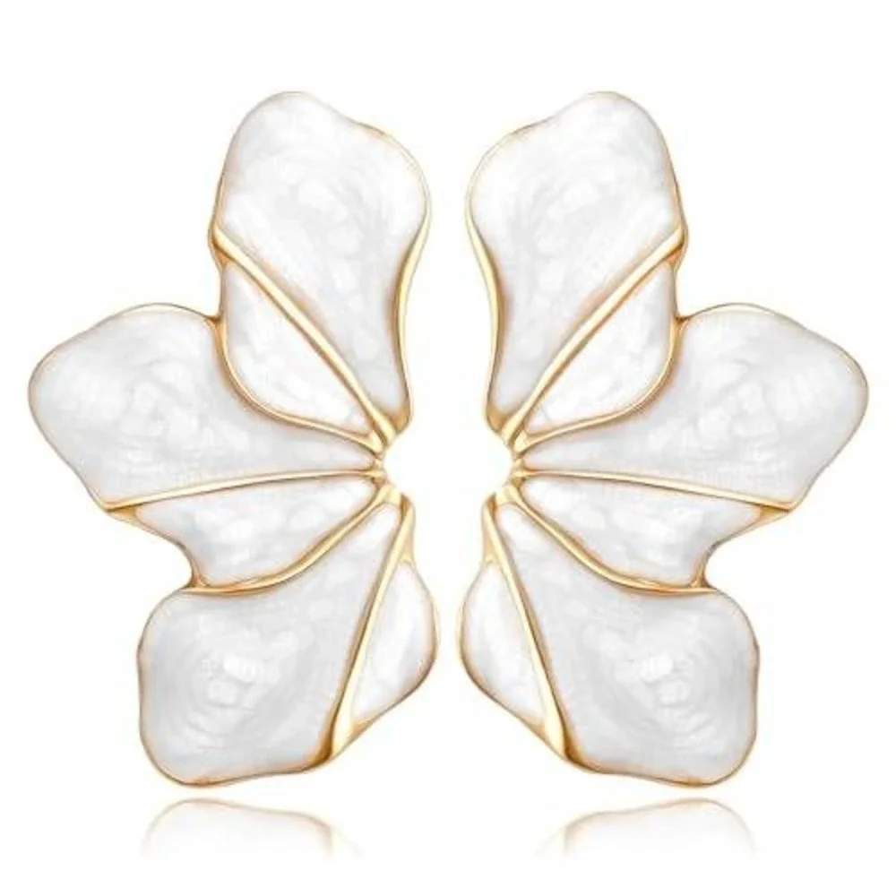 White Enamel Floral Petal Statement‎ Earrings Gold Tone Botanical Studs